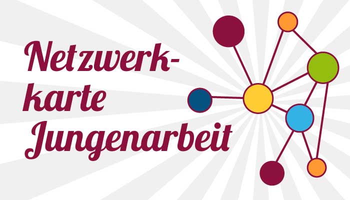 Neben Netzwerkkarte Jungenarbeit sind bunte Punkte dargestellt, die durch Graden miteinander verbunden sind.